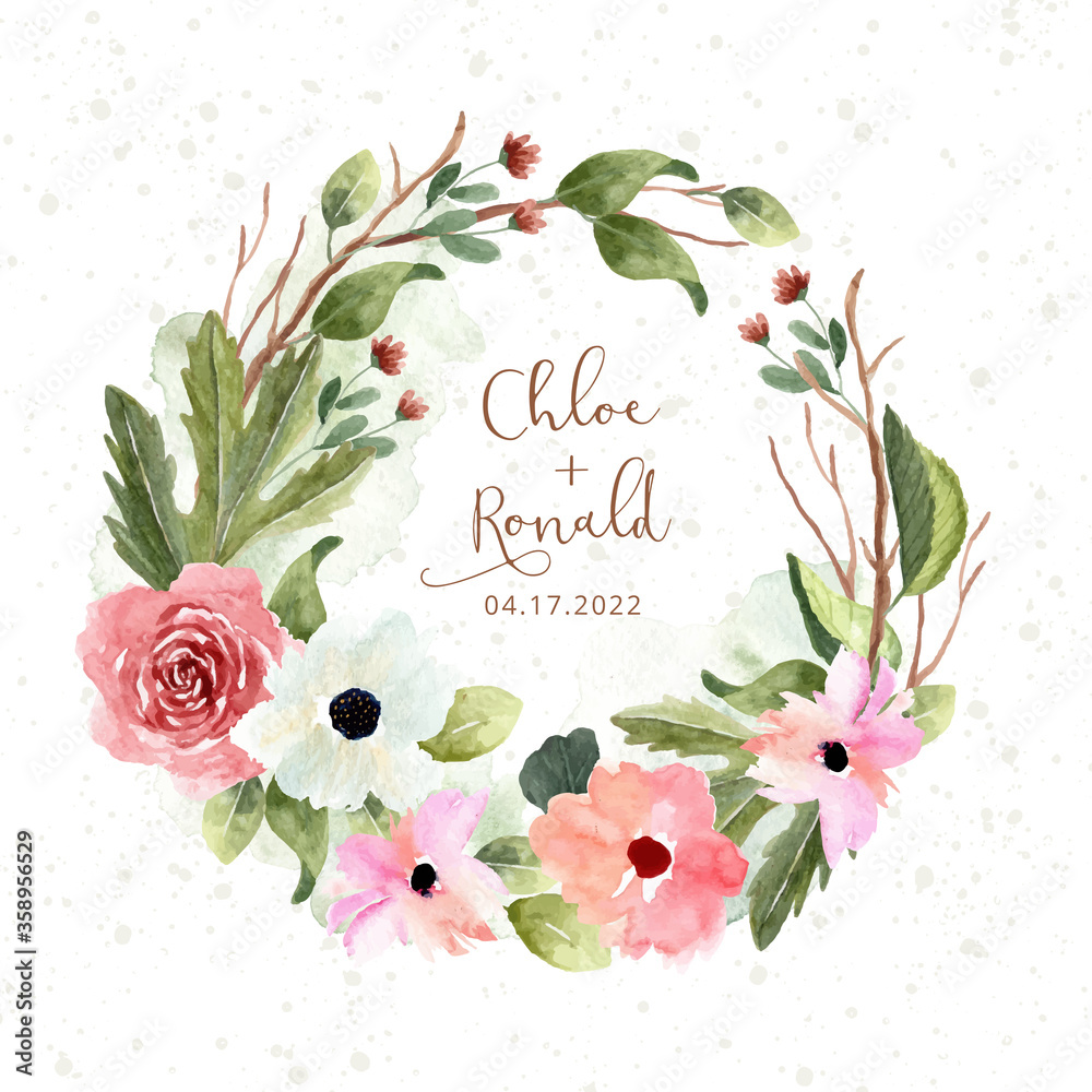 pink green flower garden watercolor wreath - obrazy, fototapety, plakaty 