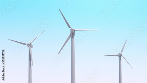 Make energy with the power of nature. Three wind power generators. The propeller turns. 3D rendering