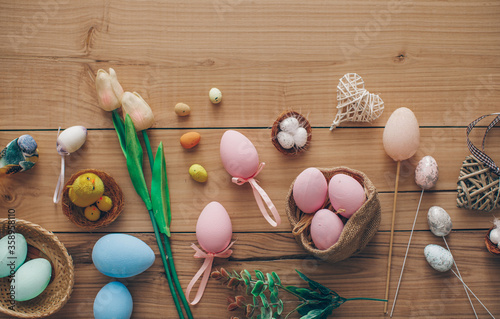 Easter eggs on wooden background. Easter concept. Photo. Celebration. 