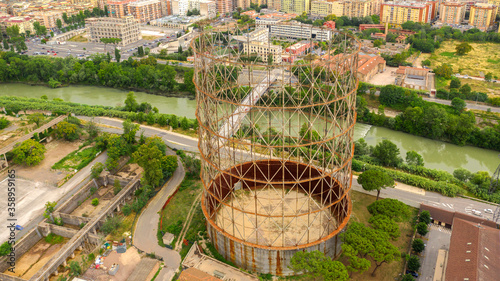 Aerial view of the Gasometer in the Ostiense district in Rome. The industrial center has been in disuse and abandoned for some time.