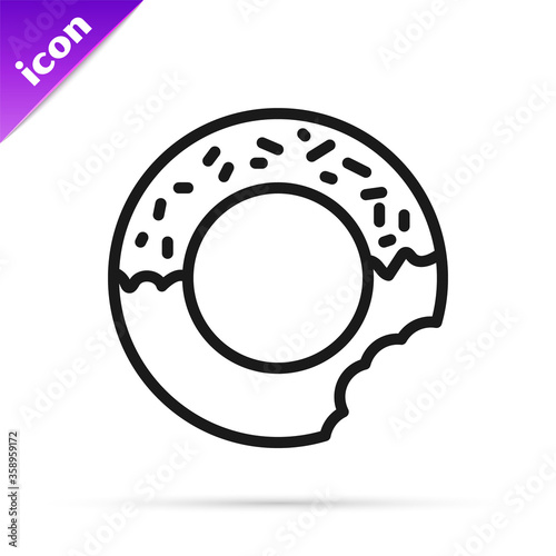 Black line Donut with sweet glaze icon isolated on white background. Vector.