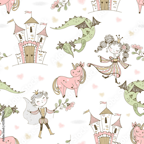 Seamless pattern fairyland with princesses and princes with dragons and castles. Vector