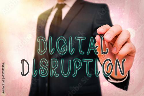 Word writing text Digital Disruption. Business photo showcasing occur when technologies affect value proposition of goods photo