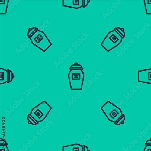 Blue line Funeral urn icon isolated seamless pattern on green background. Cremation and burial containers, columbarium vases, jars and pots with ashes. Vector.