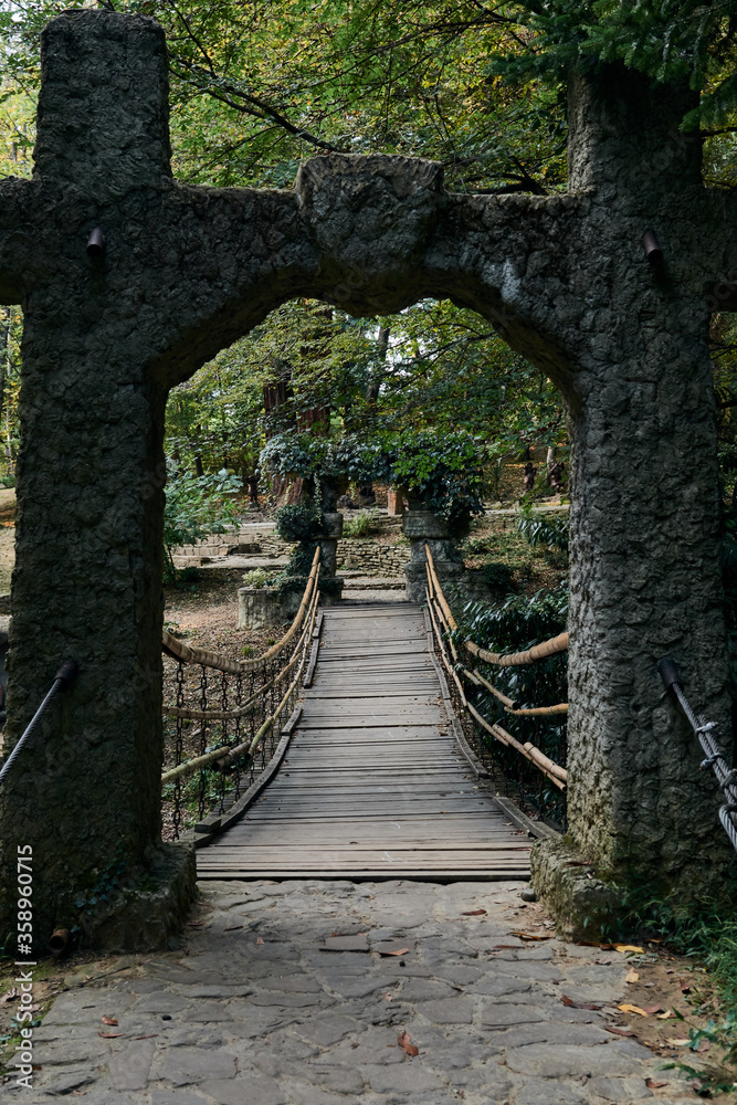 Fototapeta premium Suspension bridge with bamboo railing in a green summer park