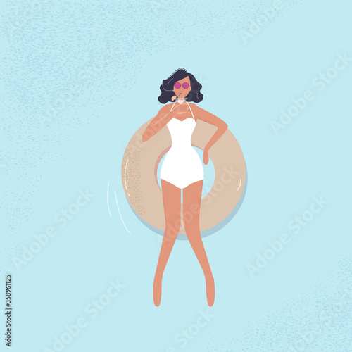 Cute relaxed fashionable lady with cocktail at sea or swimming pool.  Woman in bikini and sunglasses floating on rubber ring. Tanned female in swimsuit enjoying summer vacation.Vector illustration