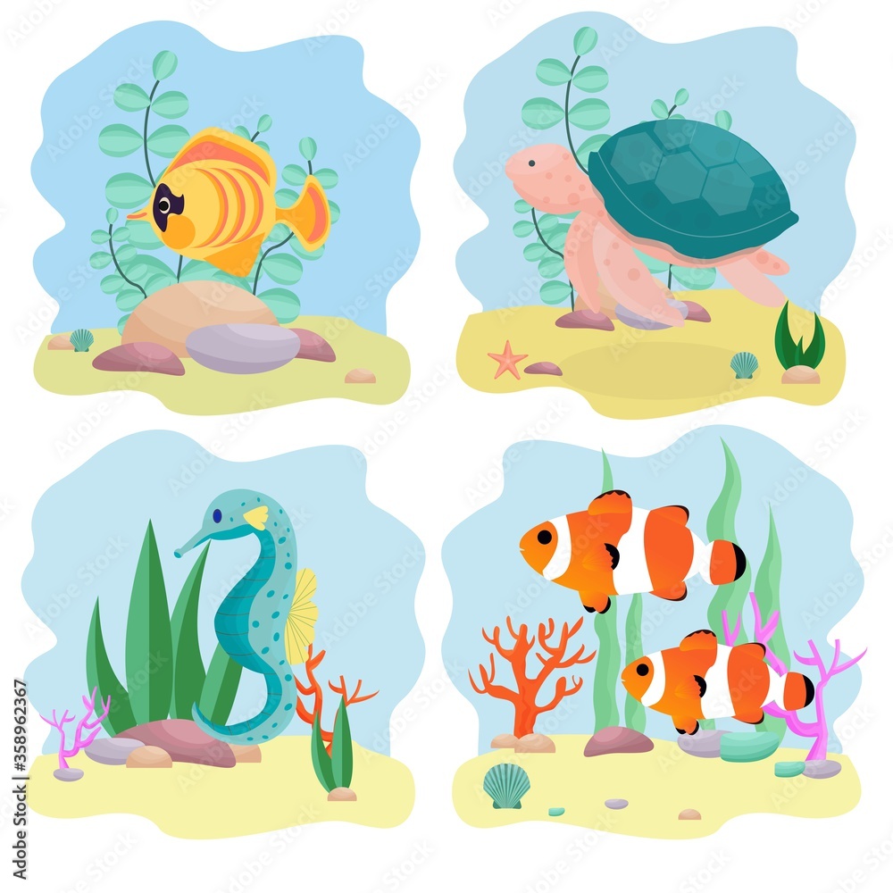 Naklejka premium Set of aquatic composition with underwater inhabitants, isolated clipart, design elements on white background stock vector illustration.