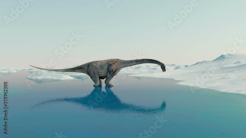 Dinosaur. Prehistoric snow landscape, ice valley with Dinosaurs. Arctic view. Realistic render and animation photo