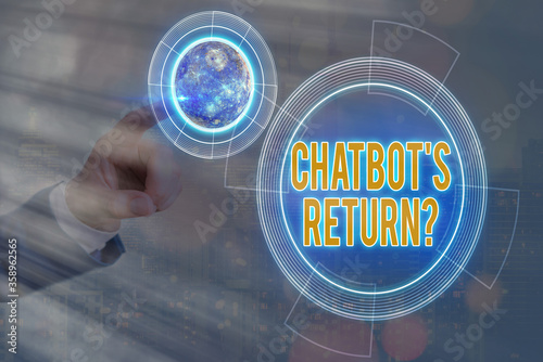 Conceptual hand writing showing Chatbot s is Return Question. Concept meaning program that communicate use text interface and AI Solar system image. Elements of this image furnished by NASA photo