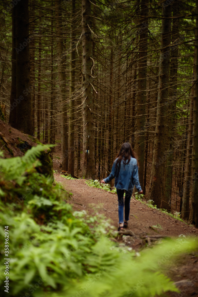 Rear view of a girl walking on the woods, traveler in romanian carpathian mountains, wears in denim clothes, looking up. Vertical view.