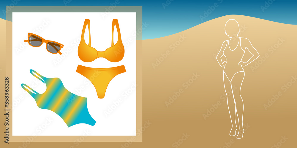 Illustration au trait d’une silhouette de femme en maillot de bain et quelques accessoires à porter sur la plage.