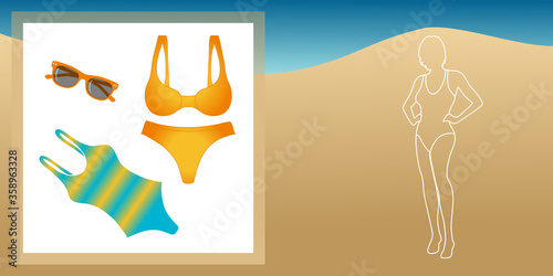 Illustration au trait d’une silhouette de femme en maillot de bain et quelques accessoires à porter sur la plage.
