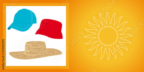 Illustration au trait d’un soleil et et quelques chapeaux pour se protéger des UV.