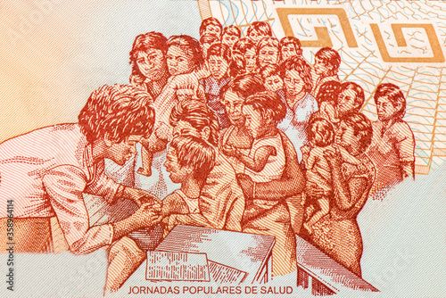 Jornadas Populares De Salud, Portrait from Nicaragua 50 Cordobas 1985   Banknotes. An Old paper banknote, vintage retro. Famous ancient Banknotes. Collection. photo