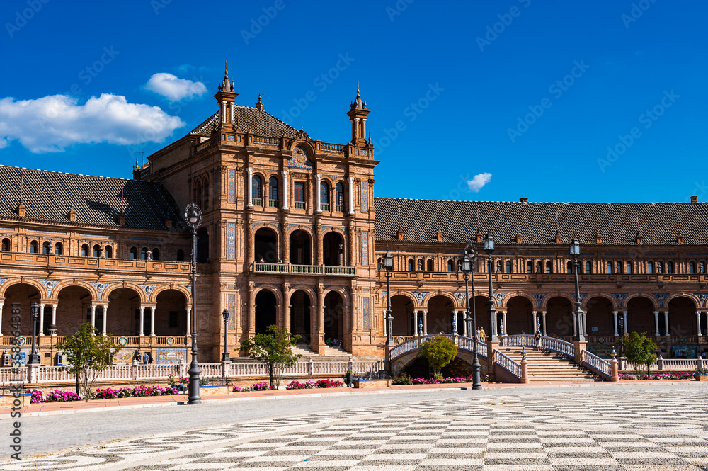 It's Central building main entrance at the Plaza de Espana in Seville, Andalusia, Spain. It's example of the Renaissance Revival style in Spanish architecture.