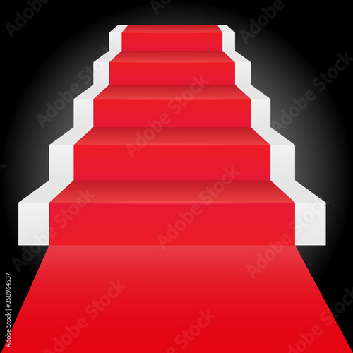 Stairs with red carpet. Staircase with five steps and a red carpet. Vector illustration on a black background with a glow.