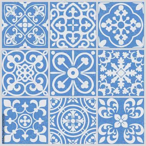 Patchwork texture from tiles in the oriental style in blue and gray. Abstract background. Geometric ceramic design tile