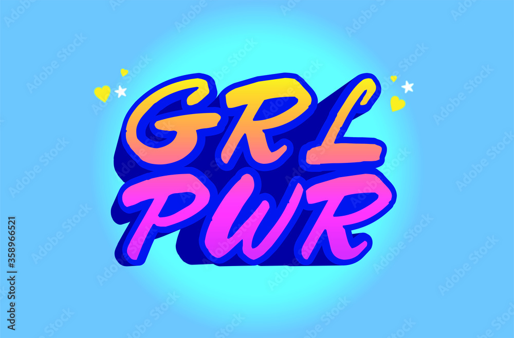 GRL PWR, hand drawn lettering, vector. Isolated on blue background. Motivational feminism slogan. Symbol girl power for woman. Modern illustration for t-shirt, sweatshirt, posters, cards.