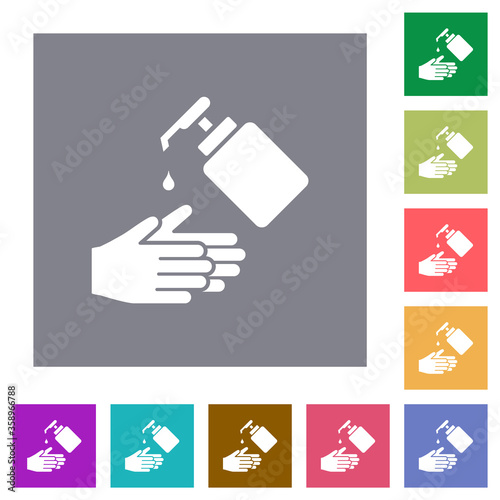 Hand washing with liquid soap square flat icons