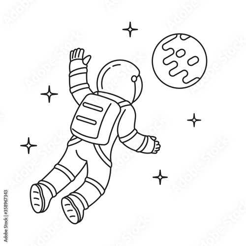 Black and white illustration of cosmonaut who  floating in weightlessness against planetary object