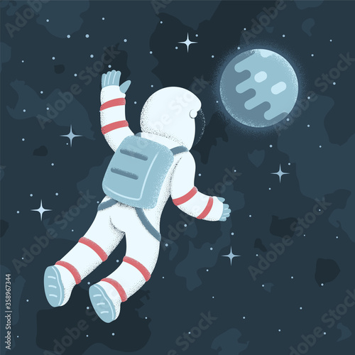 Cosmonaut floating in weightlessness against planetary object. Retro style illustration with texture shading