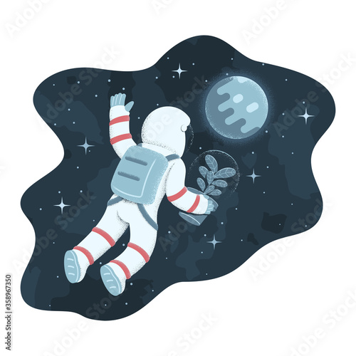 Cosmonaut floating in weightlessness towards planetary object. Ficus in flowerpot with safety glass bulb  under his arm. Funny illustration in retro style  with texture shading