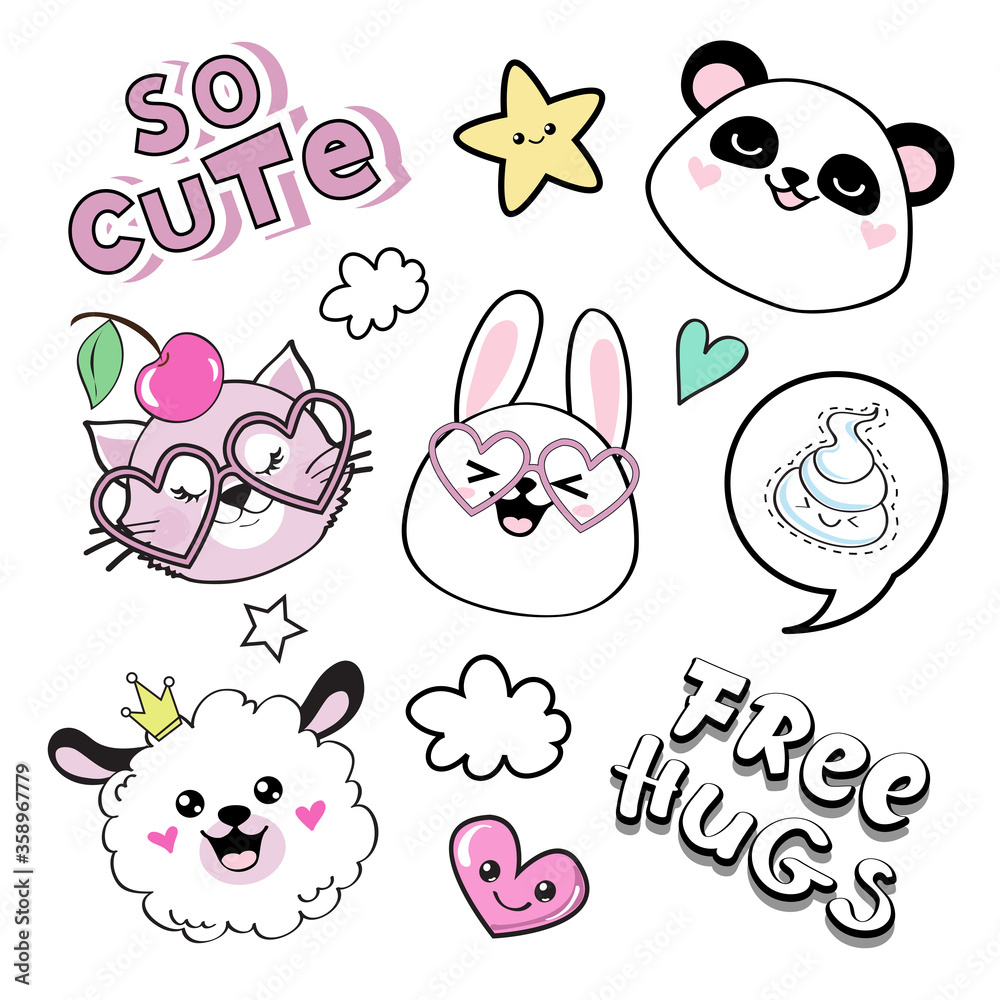 Fototapeta premium Beautiful animal heads in kawaii style funny cat, hare, sheep and panda on a white background