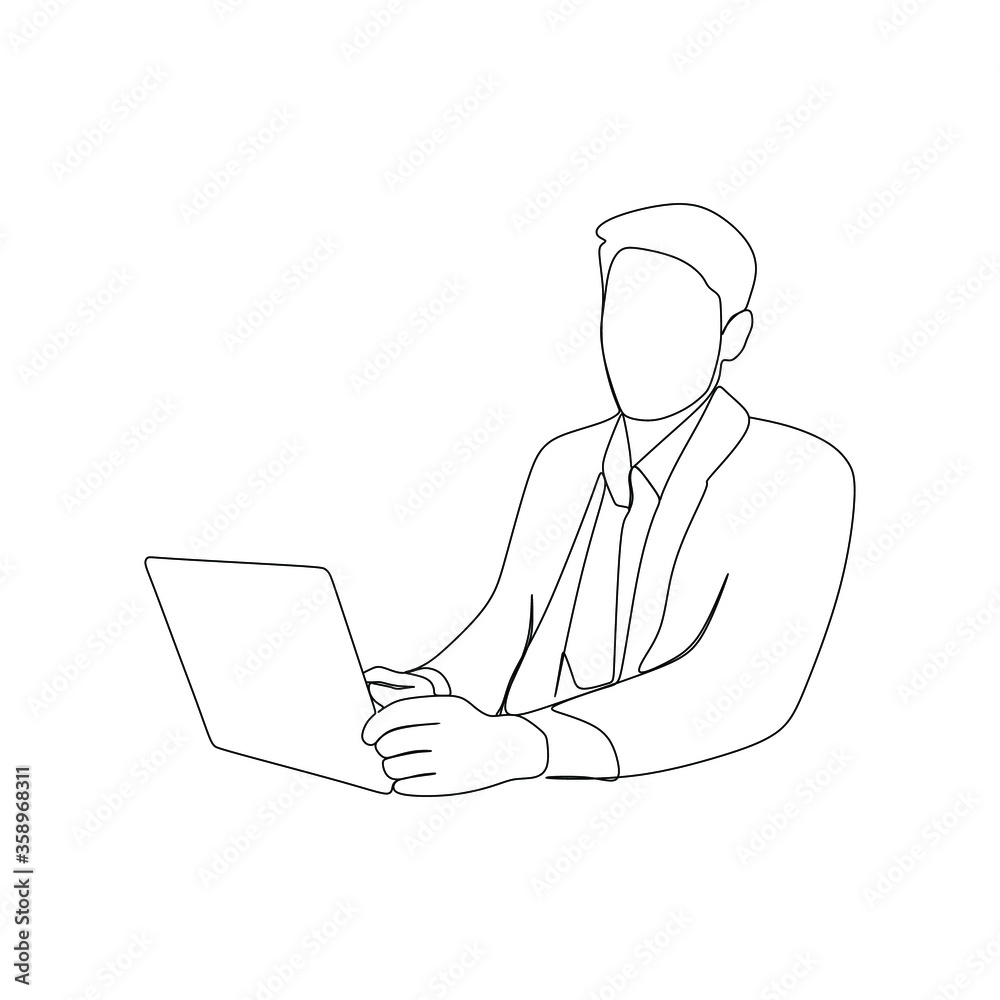 suit man work front of laptop continuous line one line art
