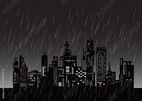 Rainy Day in city,  clouds and storm, weather nature background, Flood natural disaster, vector illustration. 