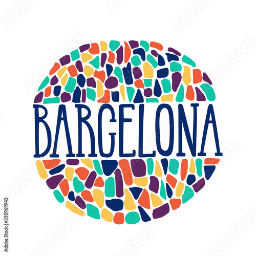 Vector illustration of word Barcelona with bright color mosaic element on black background for souvenir products, logo, banner or emblem, products packaging and advertising. Hand lettering. City logo