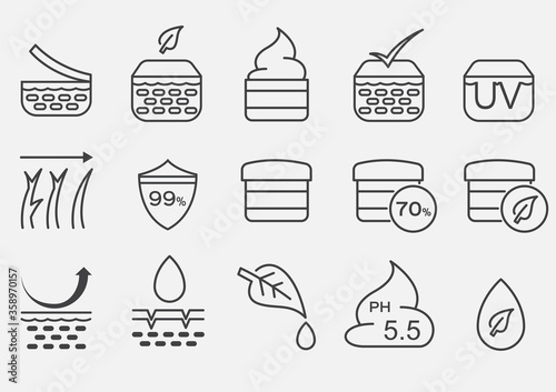 set of skin icon vector . uv and damaged skin / herb . moisturizer foam hair cell collagen / shield protection concept / ph and leaf