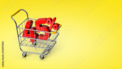 Shopping cart with 45% discount on yellow background. 45 percent discount in shopping cart with copy space. Sale concept. 3D render illustration isolated on white background.