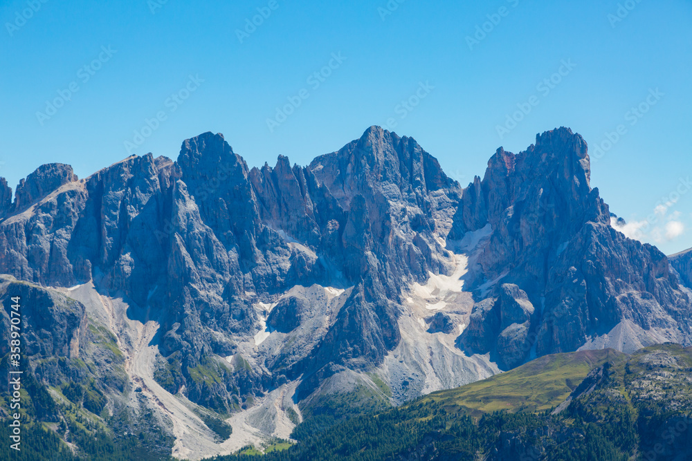 peaks of pala group mountains pale di san Martino in blue sky