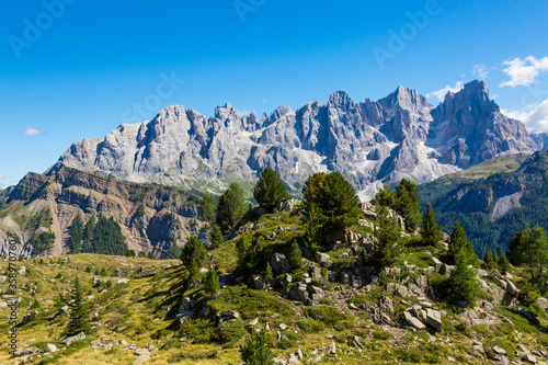 peaks of pala group mountains pale di san Martino with green meadow