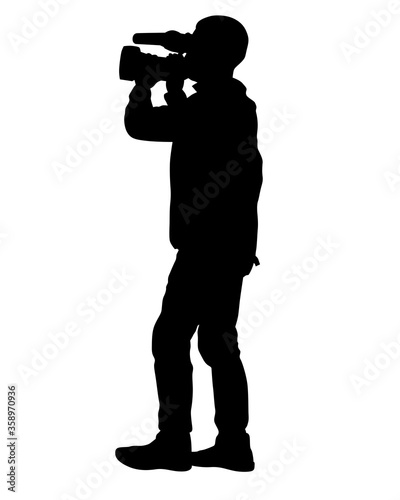 Man filming a television report on a camcorder. Isolated silhouettes on a white background