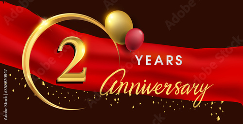 2nd anniversary logotype with golden ring isolated on red ribbon elegant background, vector design for birthday celebration, greeting card and invitation card.