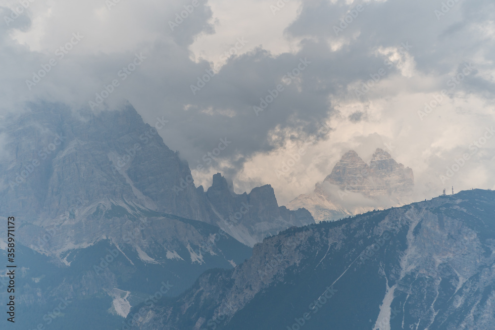 Dolomites landscape in clouds.