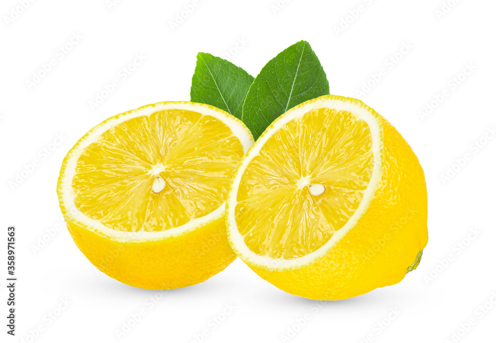 lemon with leaf on white background full depth of field