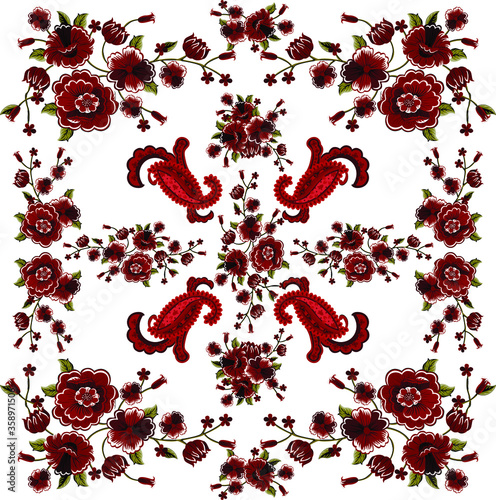 Red Flower with Paisley Texture Print Scarf