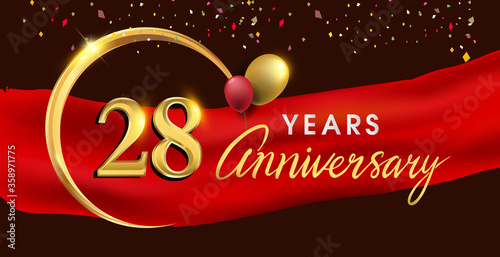 28th anniversary logotype with golden ring isolated on red ribbon elegant background, vector design for birthday celebration, greeting card and invitation card.