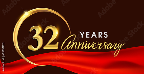 32nd anniversary logotype with golden ring isolated on red ribbon elegant background, vector design for birthday celebration, greeting card and invitation card.