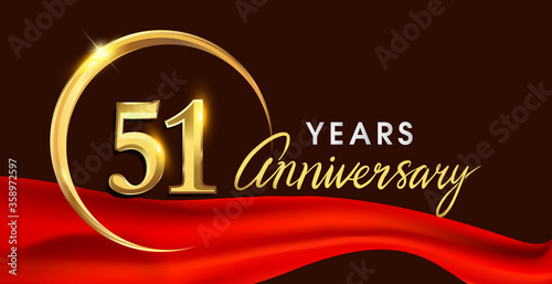 51st anniversary logotype with golden ring isolated on red ribbon elegant background, vector design for birthday celebration, greeting card and invitation card.
