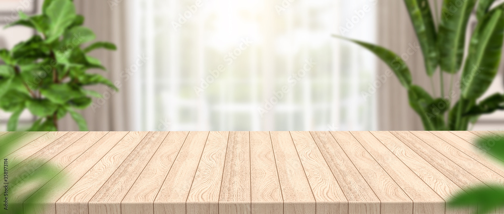 Empty long wooden table and blur background, consisting of curtains and plants. for montage product display. 3D illustration Empty long wooden table and blur background, consisting of curtains and plants. for montage product display. 3D illustration