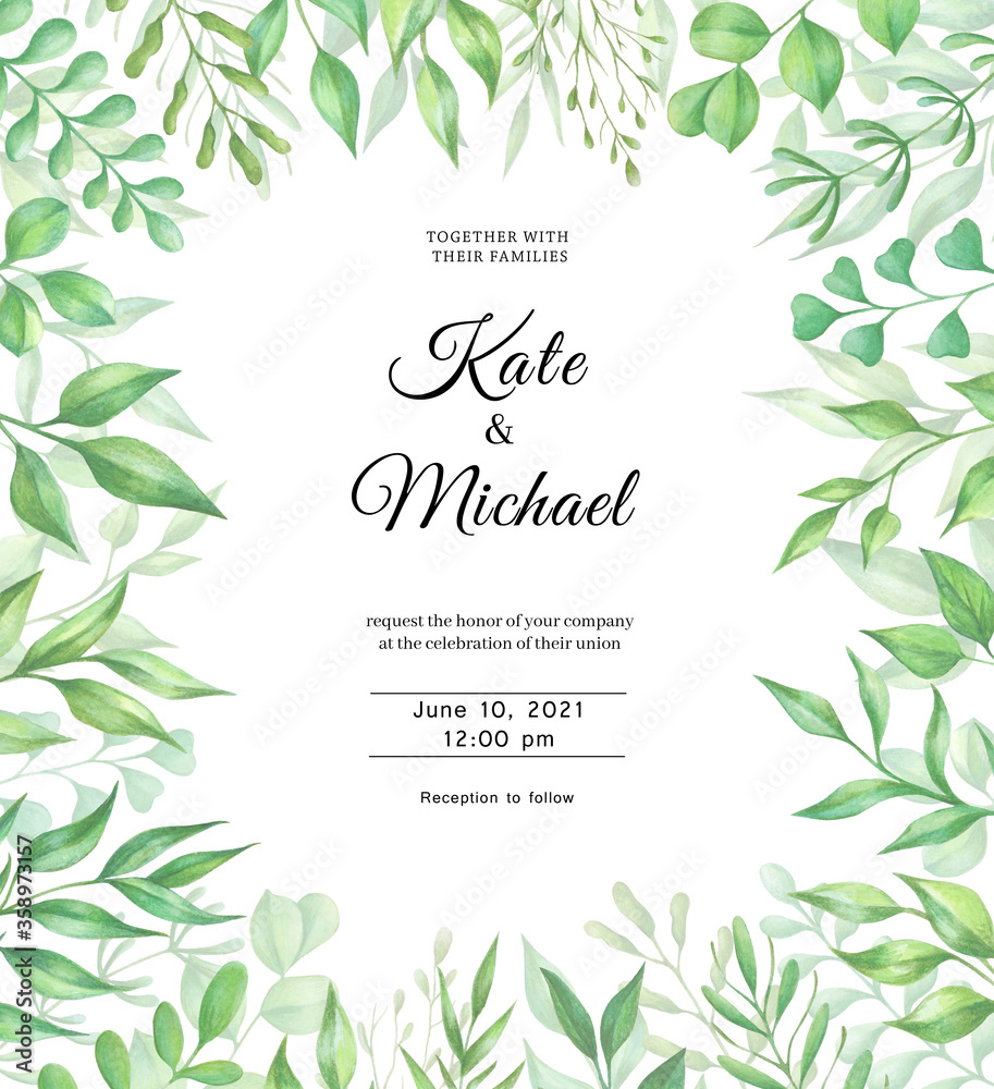 Watercolor wedding invitation card template design with green leaves.