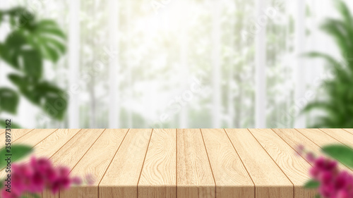 Empty wood table and blurred background, consisting of flower and plants for montage product display . 3D illustration