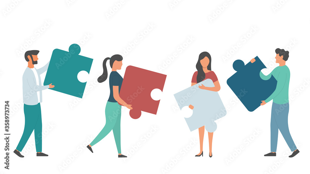 Obraz premium Business concept. Team people connecting puzzle elements. Vector illustration flat design style. Symbol of teamwork, cooperation, partnership. Illustration about business and finance