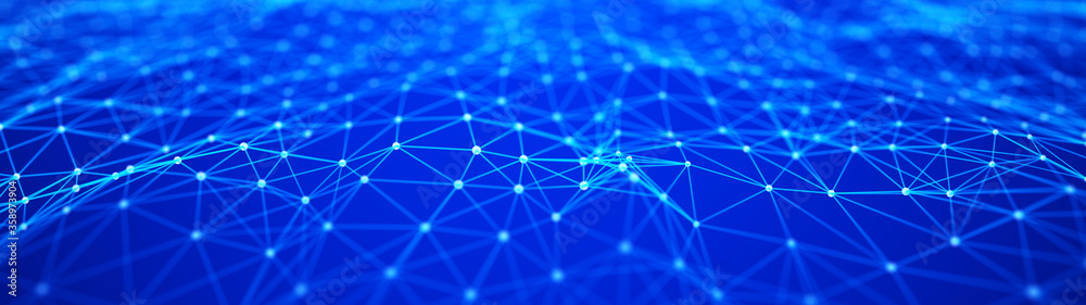 Fototapeta premium Network of bright connected dots and lines. Abstract dynamic wave of many points. Digital background. 3D rendering.