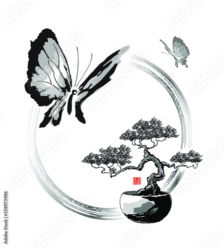 Bonsai tree in a pot and butterflies. Vector illustration in traditional oriental style.