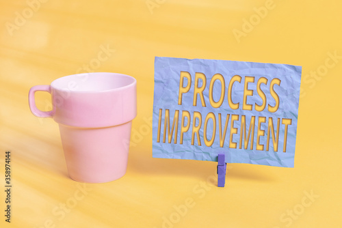 Handwriting text Process Improvement. Conceptual photo task of identifying upon existing business courses Cup empty paper blue clothespin rectangle shaped reminder yellow office photo