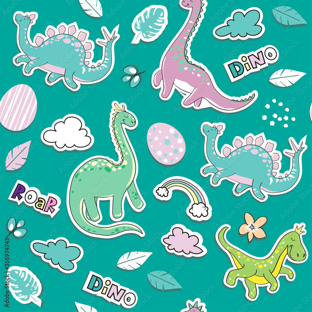 Cute little dinosaur patch badges on a blue background seamless pattern